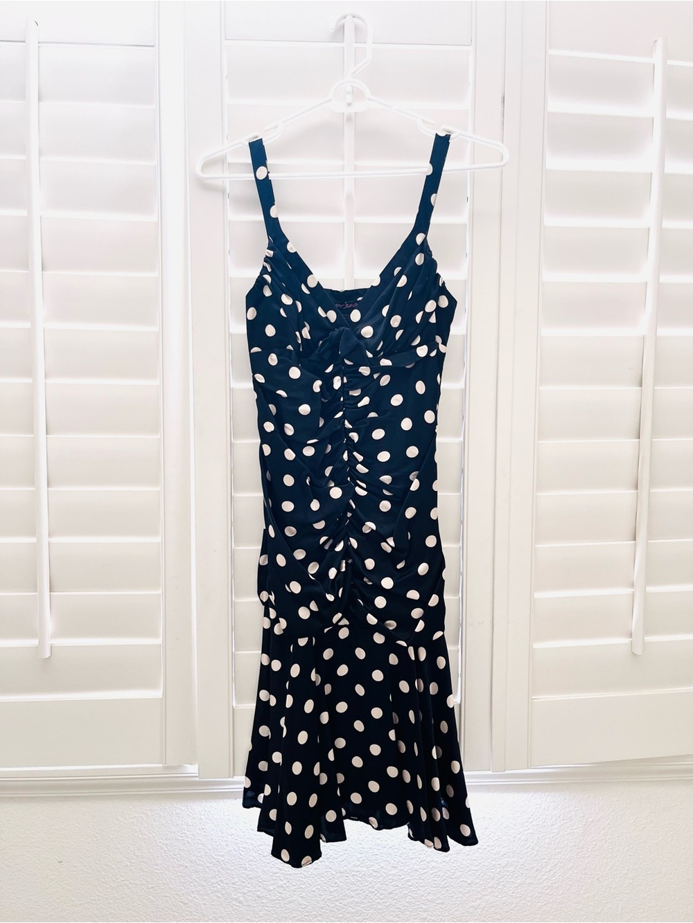 RARE Vintage Y2K Betsey Johnson black & White Polka Dot Ruched Midi Dress size 4 - Picture 1 of 10